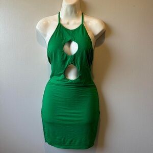 GREEN CUT OUT HALTER BODYCON MINI DRESS